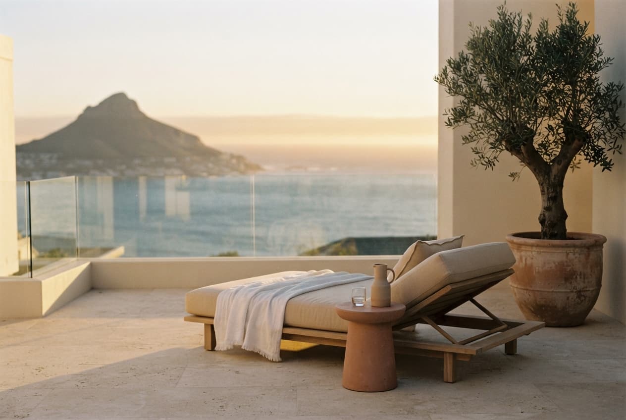 Villa terrace lounger above the sea, with Lion’s Head in late light
