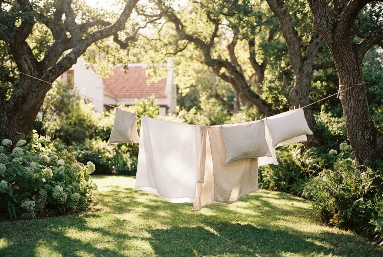 Linen drying on a line in an oak-shaded garden