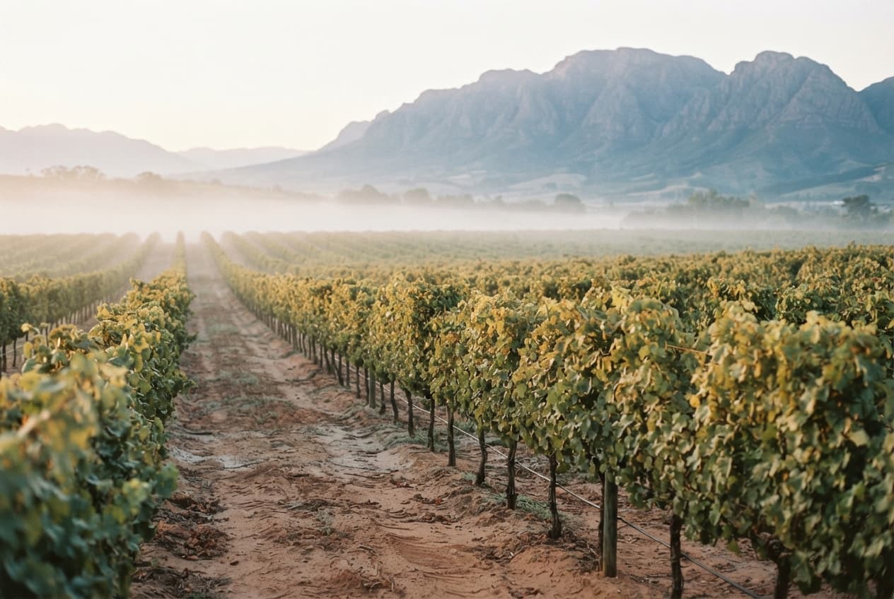 Stellenbosch vineyard rows in morning haze