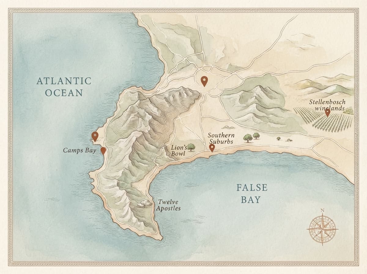 Illustrated map of Cape Town, the Cape Peninsula and the Stellenbosch winelands