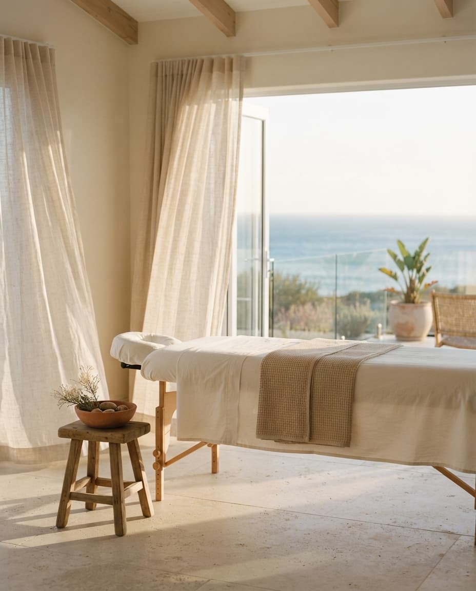 Massage bed by open villa doors, sea light through linen curtains